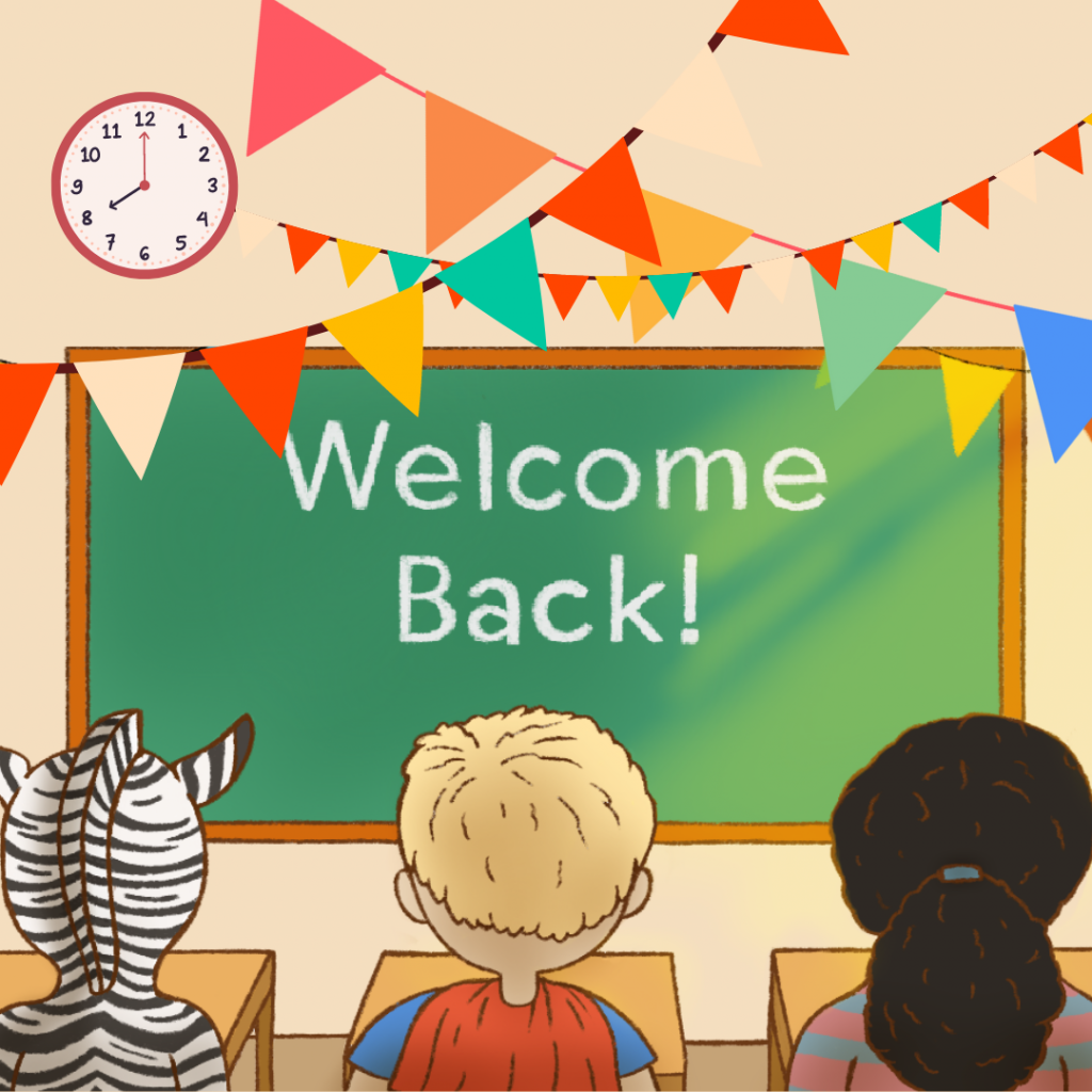 Illustrated "Welcome Back" Sign with clock, banners, and students at desks