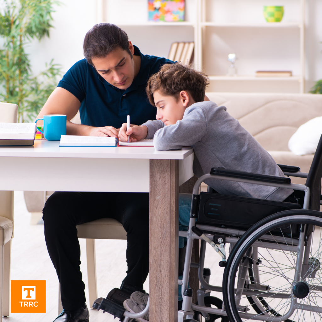 In the TRRC Writing Mat 4a and 4b work by a student in a wheelchair, getting help from a tutor or father figure.