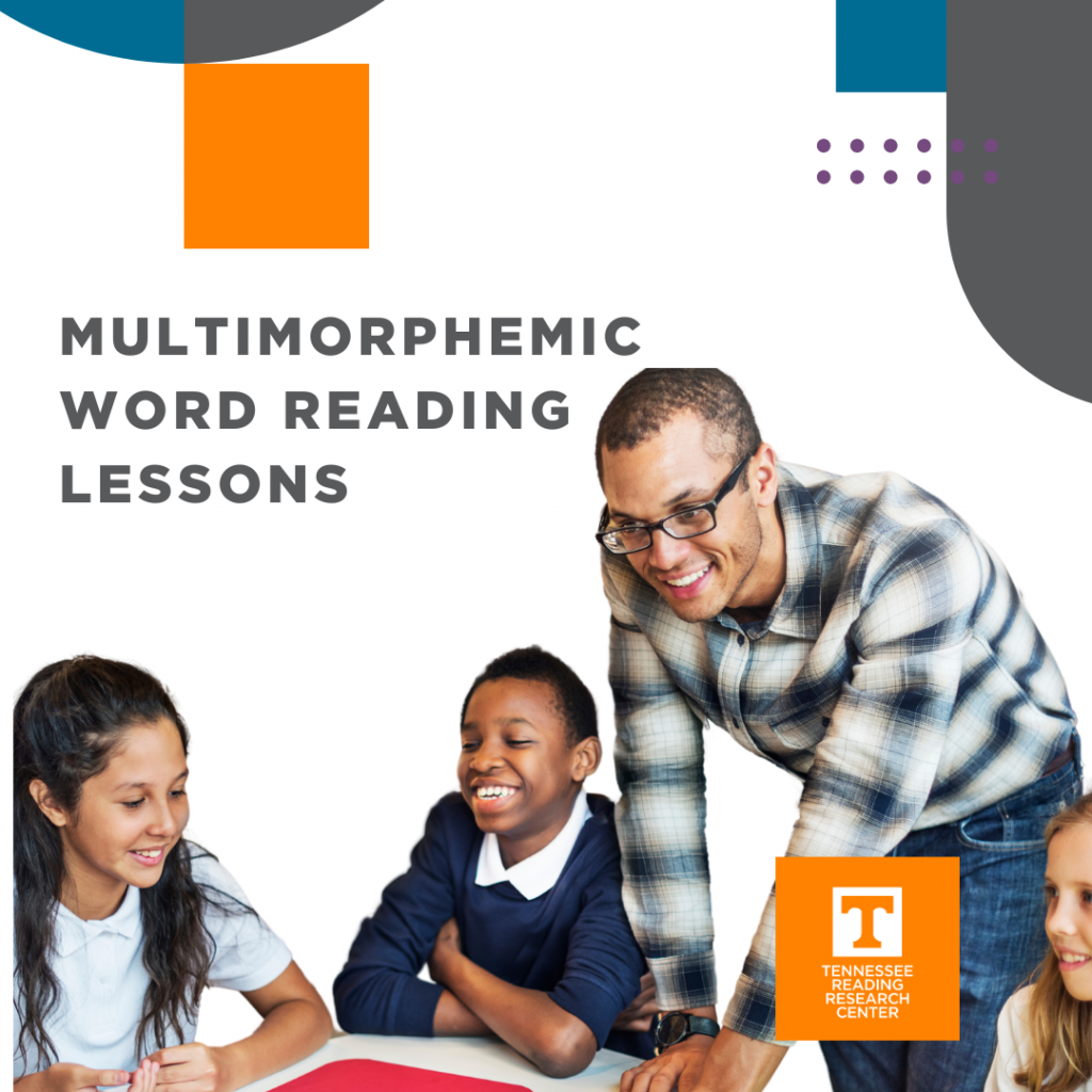 Graphic for the Multimorphemic Word Reading Lessons, male teacher leaning over a work table with students smiling